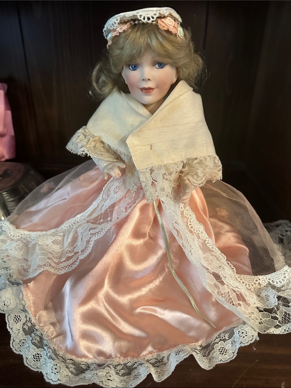 Porcelain Doll in Pink Lace Dress - Unbranded